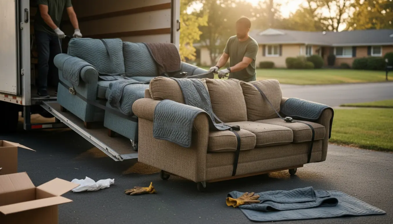 Et 3-personers og to 2-personers sofaer pakket og fastgjort ved en flyttebil i en indkørsel, klar til bortskaffelse.