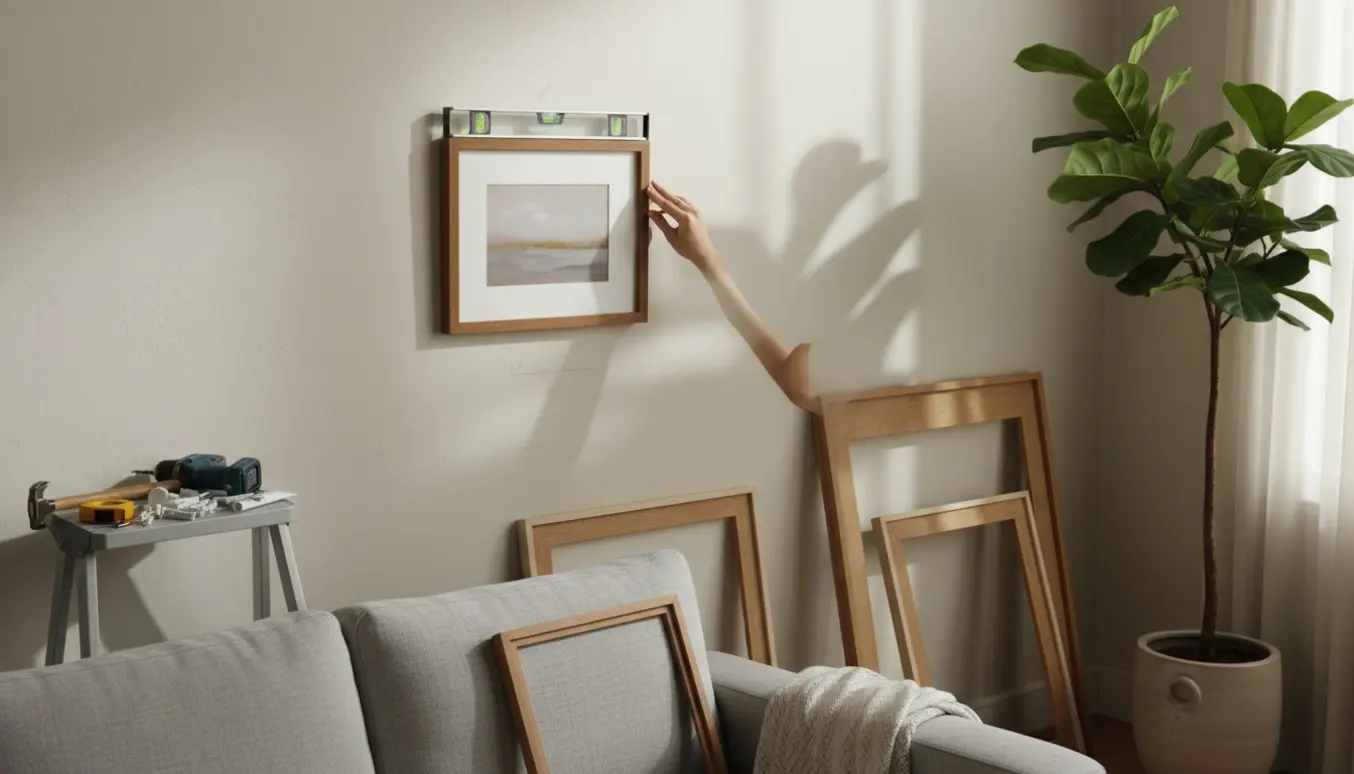 Hænder der justerer en billedramme med vaterpas mod en stuevæg i blødt dagslys.