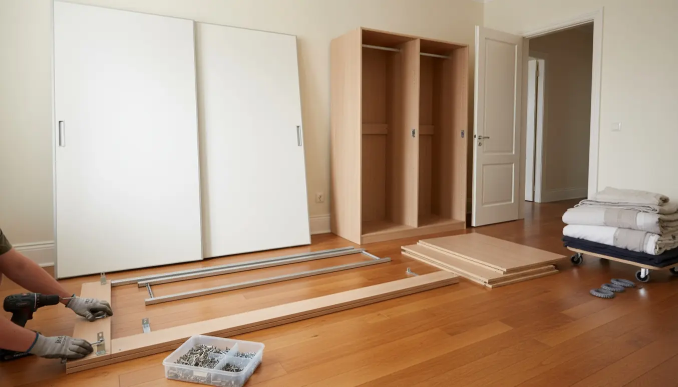 Delvist adskilt 2 m Ikea PAX-skab på trægulv med skydedøre, værktøj og flytteudstyr ved en åben dør.