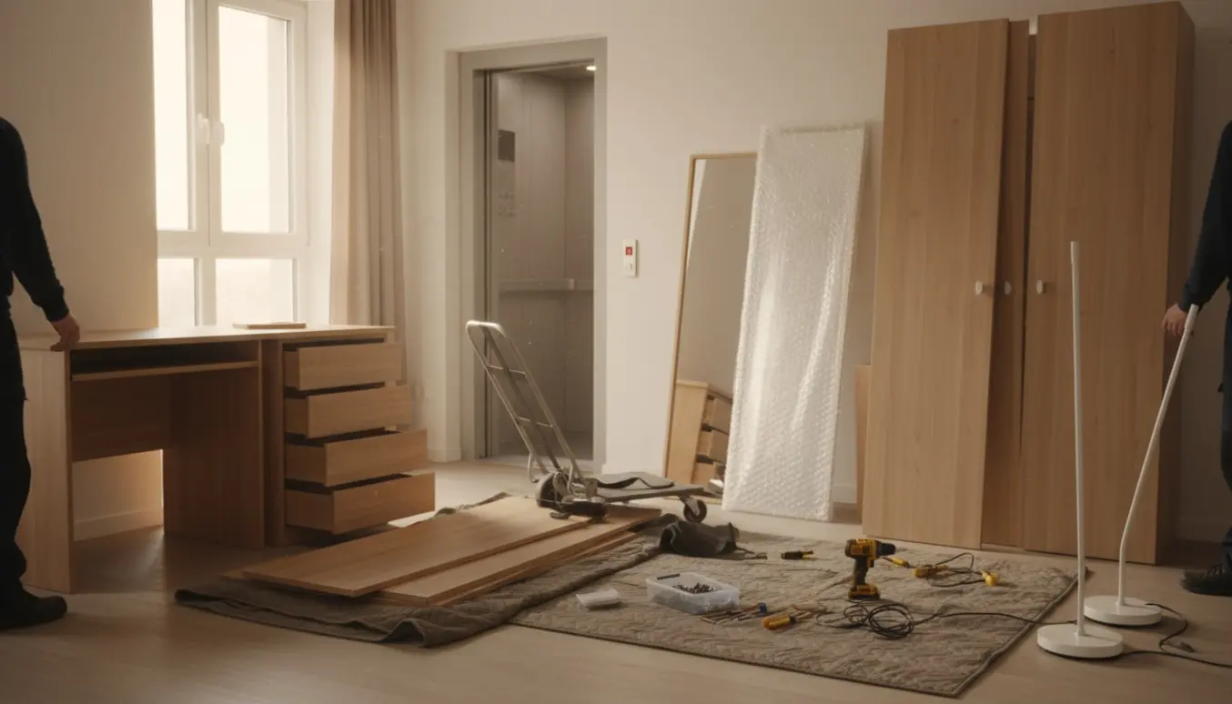 Hænder adskiller et fladpakket klædeskab og gør møbler klar til bortskaffelse ved en lejligheds elevator.