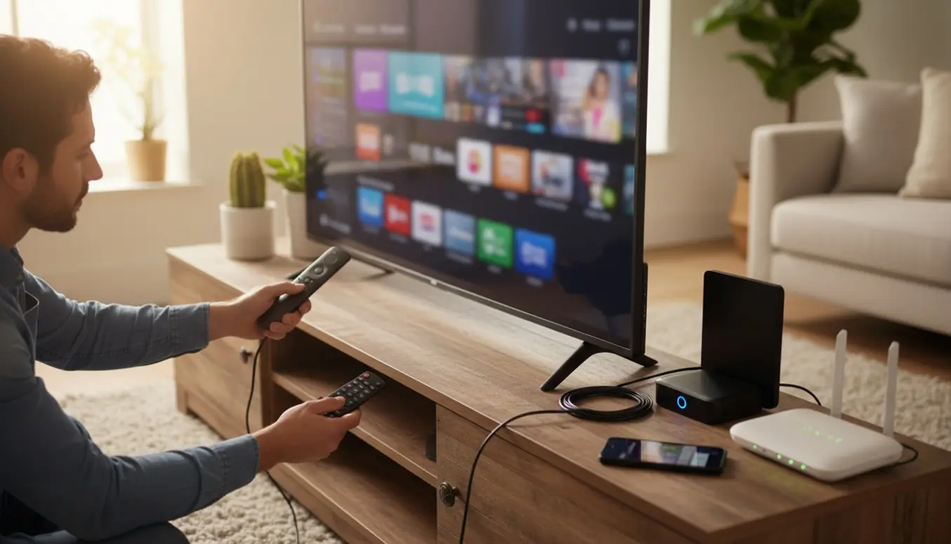 Hænder opsætter et smart-tv med fjernbetjening, kabler og sløret streamingmenu på skærmen.