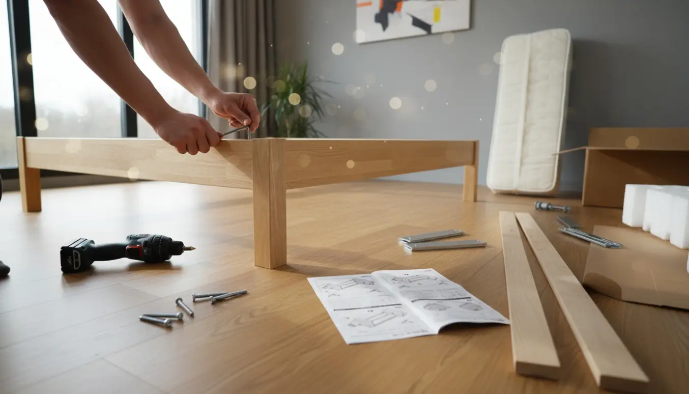 Nærbillede af hænder, der monterer en sengeramme med værktøj i et lyst, ryddeligt soveværelse.