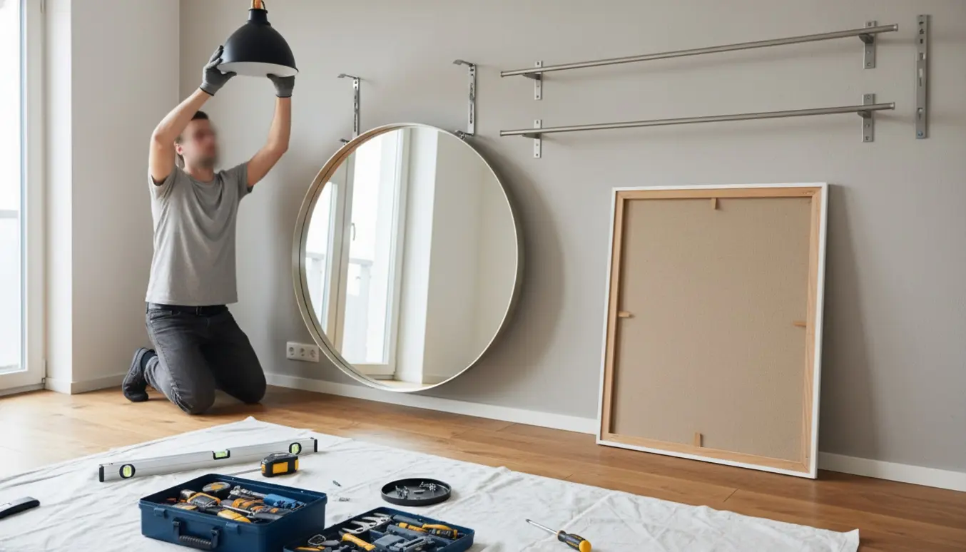 Værktøj og hænder hænger to gardinstænger, et IKEA HOVET-spejl og en 70x100 billedramme på en væg, mens en loftlampe udskiftes.