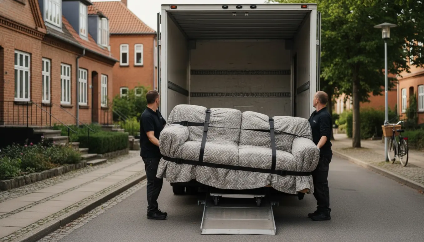 En indpakket sofa løftes ind i en varevogn på en stille Odense-gade.
