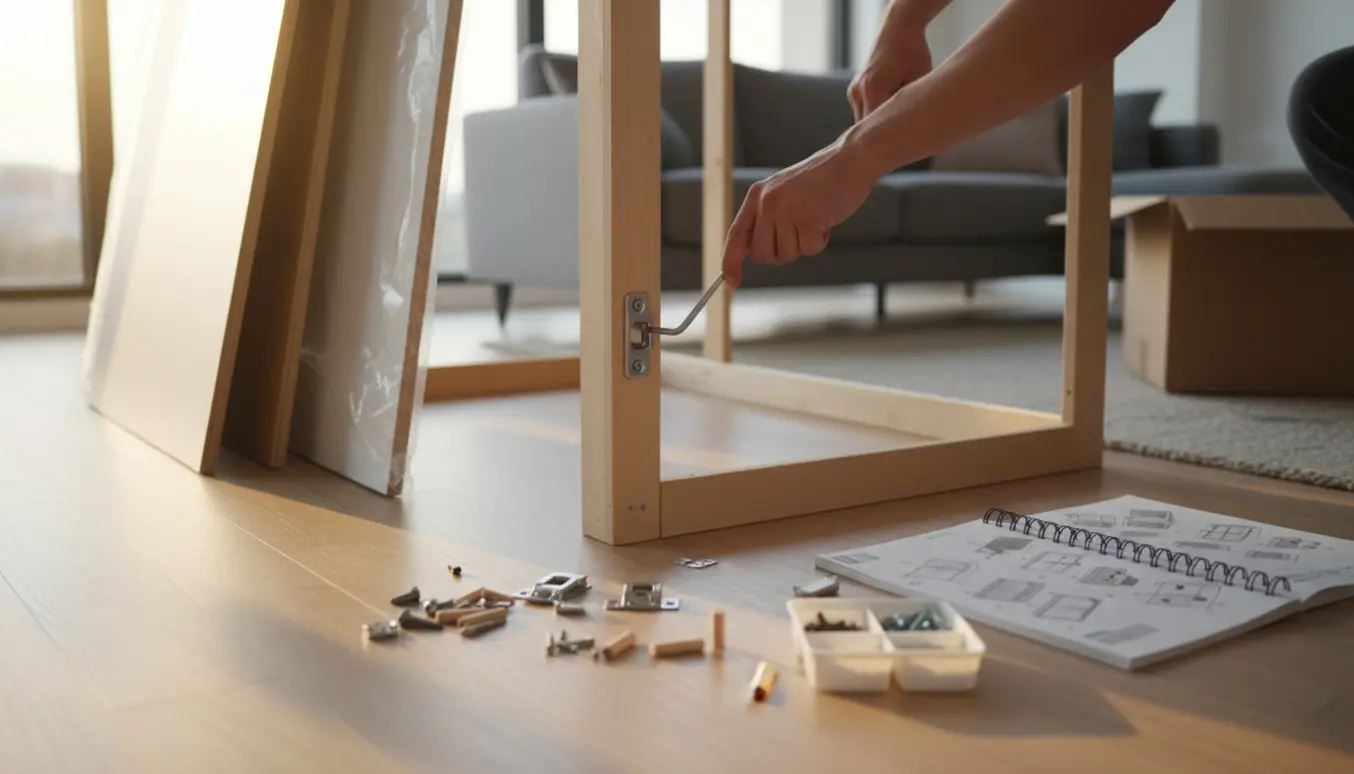 Hænder samler et klædeskab fra flatpack med unbrakonøgle og skruer i en lys stue.
