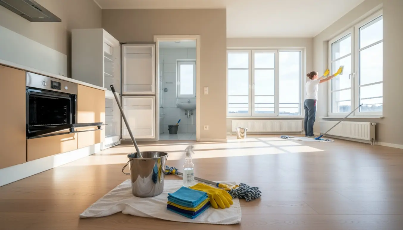 Tom lejlighed under fraflytningsrengøring med rengøringsudstyr, pudset vindue og åben ovn og køleskab.
