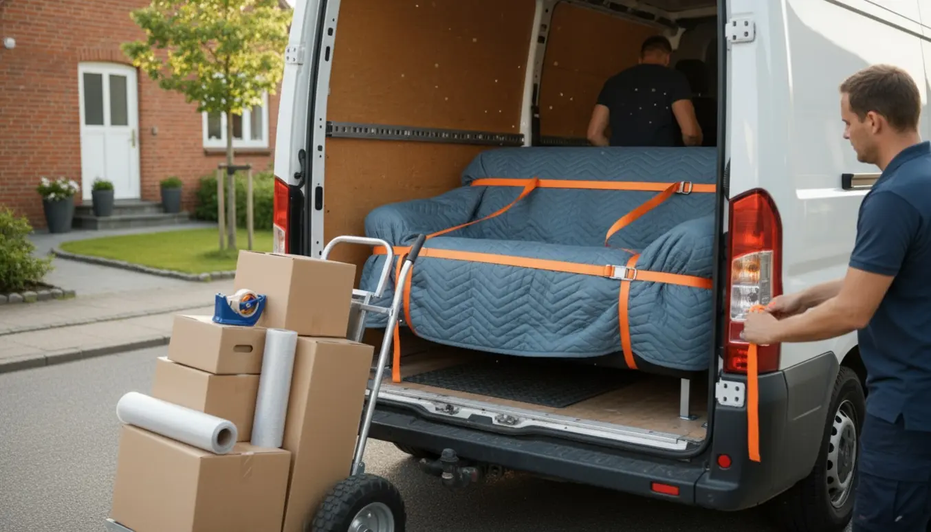 Sofa pakket i flyttetæpper løftes ind i en flyttevogn på en dansk villavej.