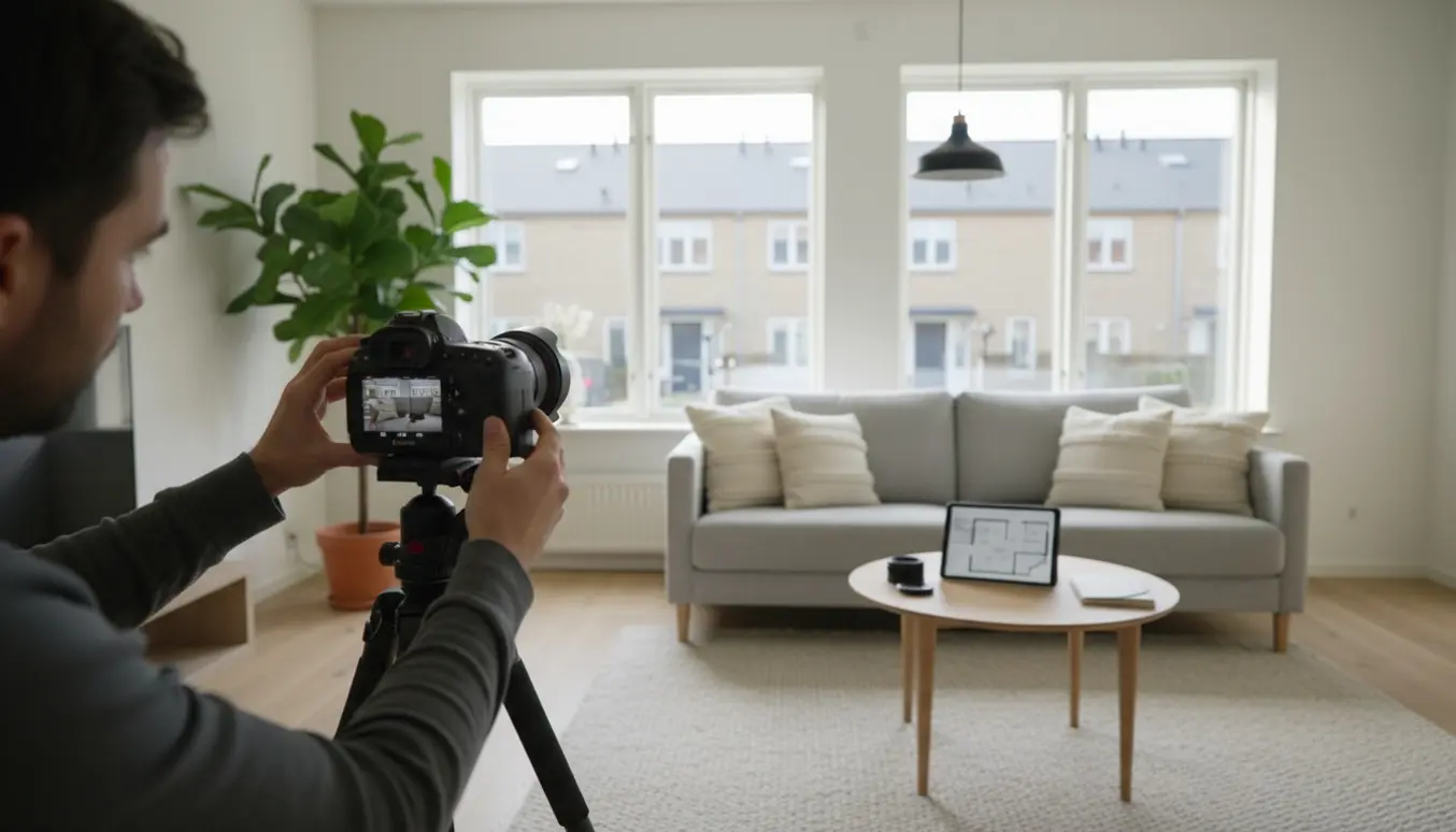 Professionel boligfotograf forbereder optagelse i en lys, nordisk stue med kamera på stativ og en tablet med sløret plantegning.