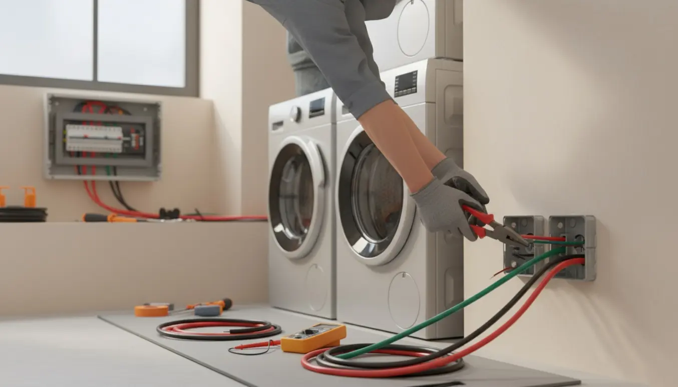 Elektriker arbejder ved en åben stikkontakt ved vaskemaskine og tørretumbler i et lyst bryggers.