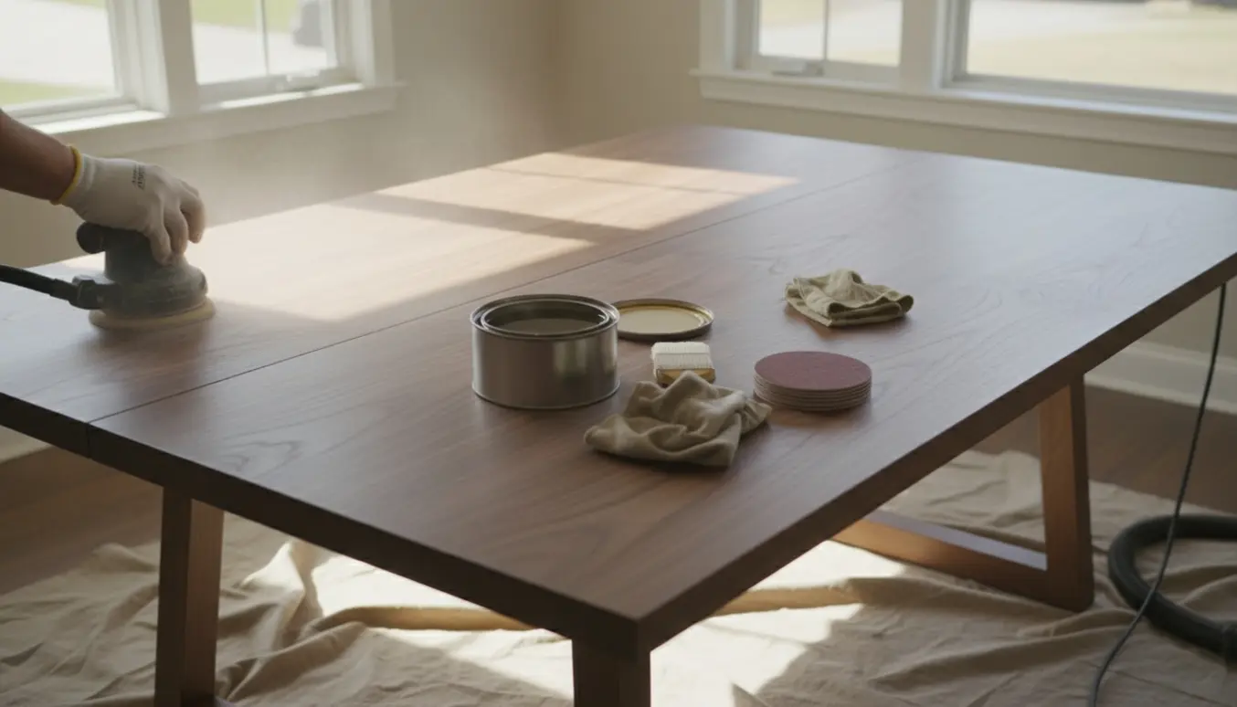 Halvslibet valnøddespisebord under oliebehandling med værktøj og klude på et beskyttelsesunderlag.