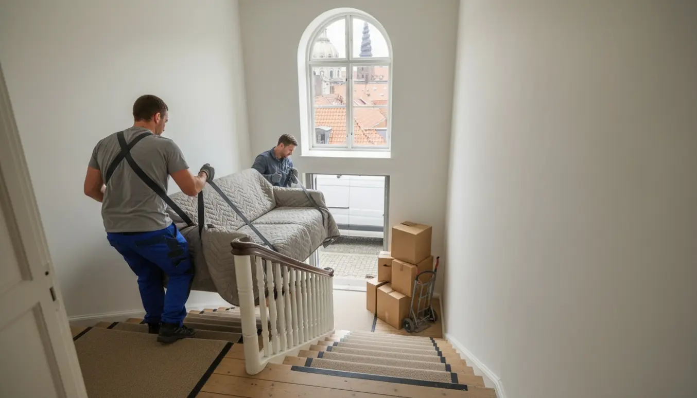 To flytte en sofa op ad en dansk bygningstrappe med tæpper og bærestropper, set gennem et lyst trappeopgangsvindue.