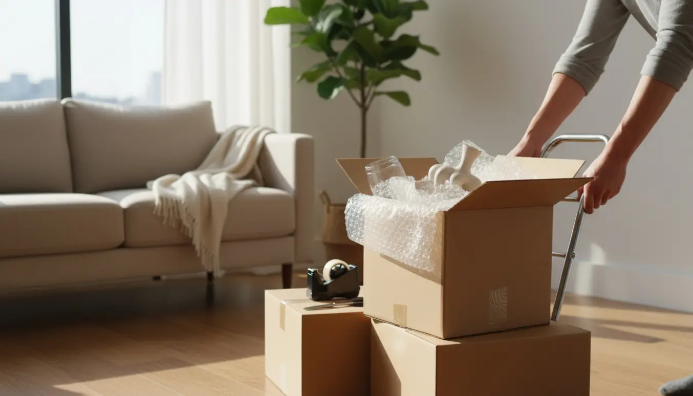 Hænder flytter lette papkasser med indpakkede glas- og pyntegenstande i et lyst, solrigt hjem.