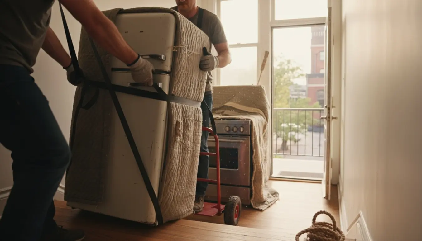 Et gammelt køleskab og en komfur bæres ned ad en trappe fra en lejlighed på 2. sal, dækket af flyttetæpper.