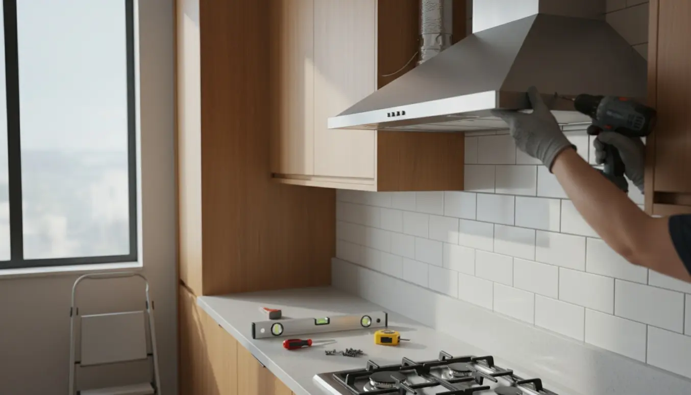 Halvmonteret rustfri emhætte over kogeplade med håndværkerens hænder, boremaskine og værktøj.