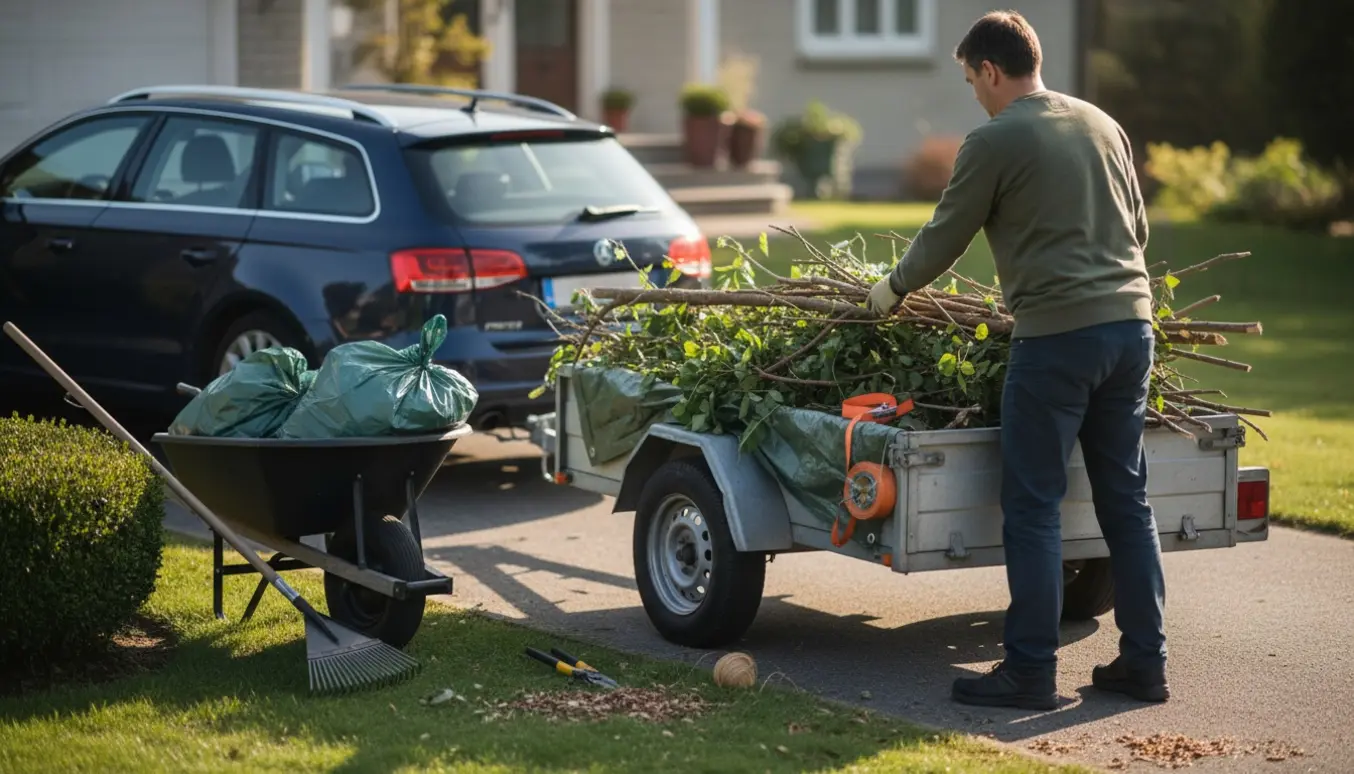 Person læsser beskårne grene og buskads i en trailer ved indkørslen, kun hænder og ryg synlige.