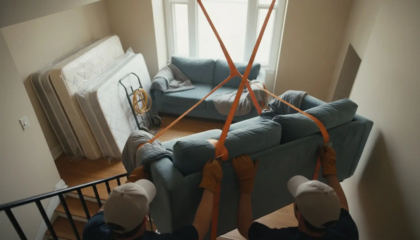 To hjælpere bærer en tung sofa ned ad en lys trappeopgang med senge og flyttetæpper på landingen.