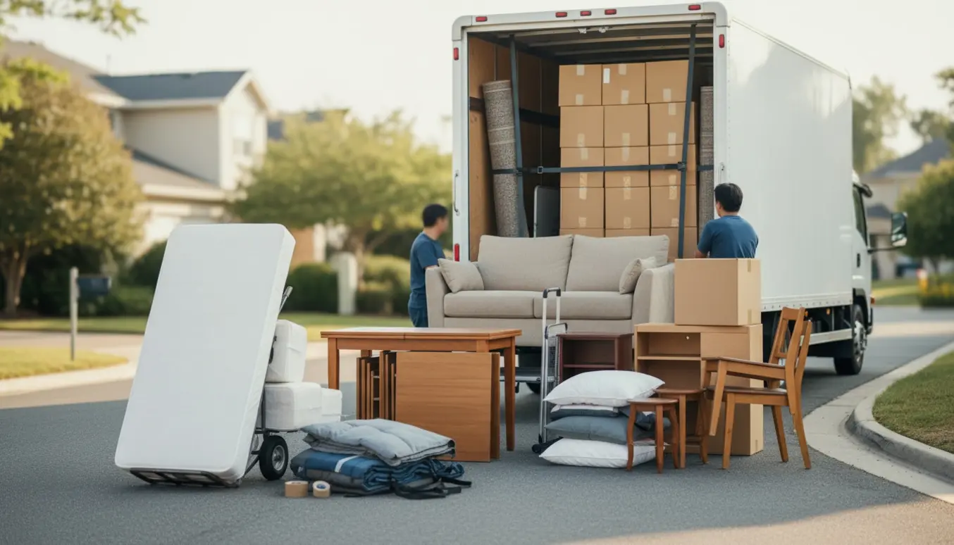Flyttefolk læsser sofa, madrasser og kasser i en varevogn på en stille villavej.