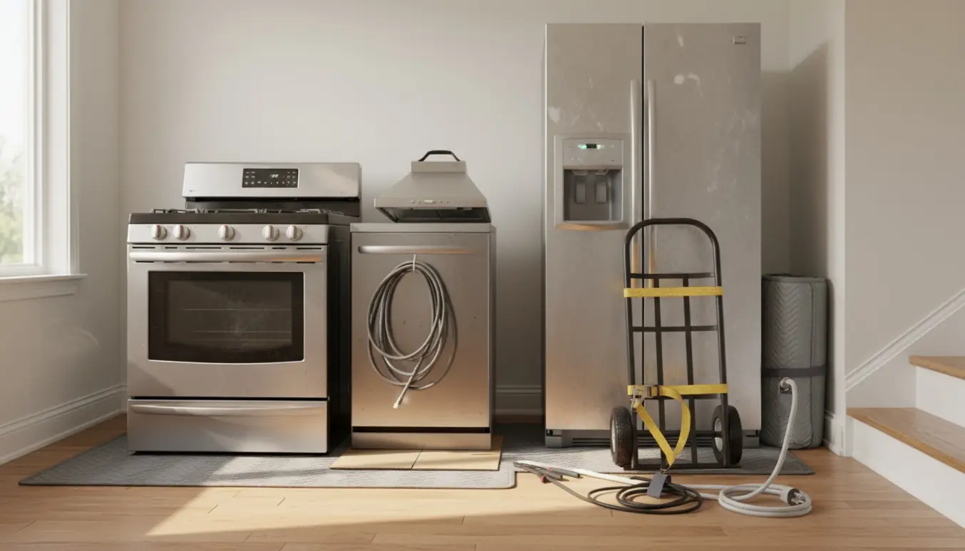 Afgangsklare hårde hvidevarer på 2. sal ved trappen, samlet på flyttelejer og klar til afhentning.