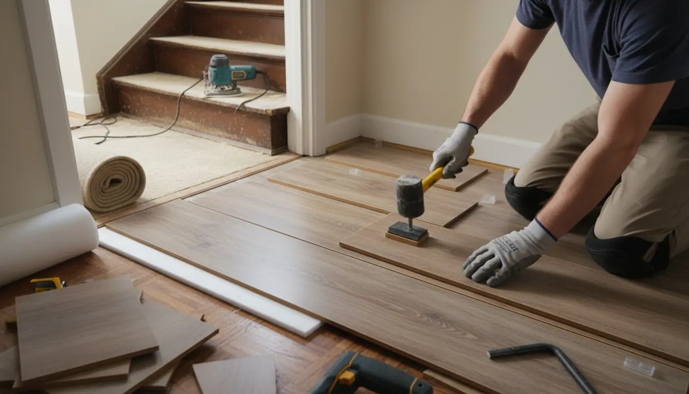 Nærbillede af lægning af laminatgulv på små reposser med værktøj og trappe i baggrunden.