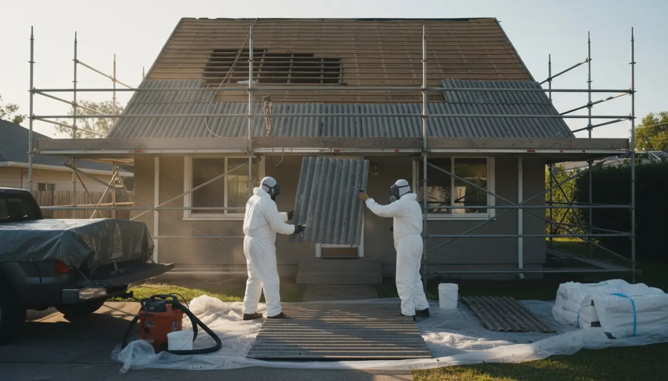 Beskyttelsesklædte arbejdere fjerner asbestplader fra et tag og lægger dem på en plastikdug.