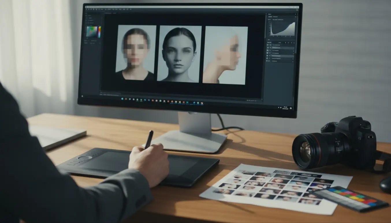 Et moderne redigeringsarbejdsbord med tre portrætfotos på skærmen, en tegnetablet og kamera i blødt vindueslys.