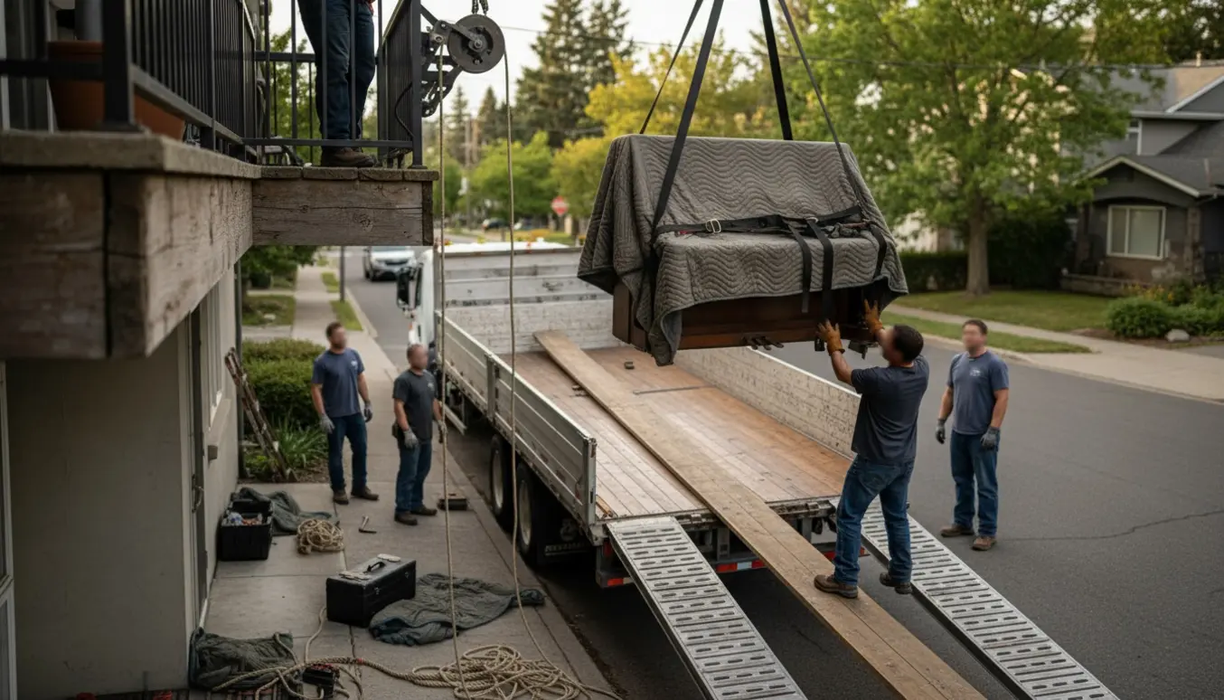 Et lille opretstående klaver sænkes forsigtigt fra 2. sal og læsses på en trailer.