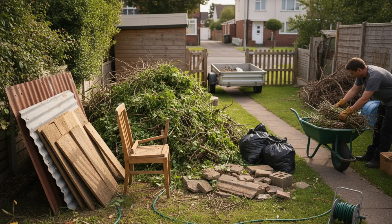 Stor bunke have- og byggeaffald i en baghave ved en sti mod vejen, klar til afhentning.