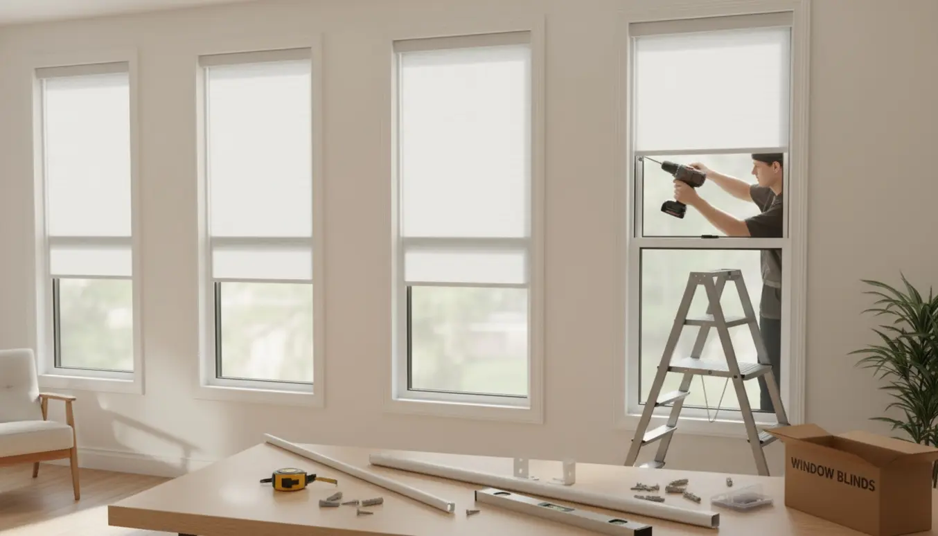 Hænder monterer persienner på fire vinduer med værktøj og en gardinstang klar på arbejdsbordet.