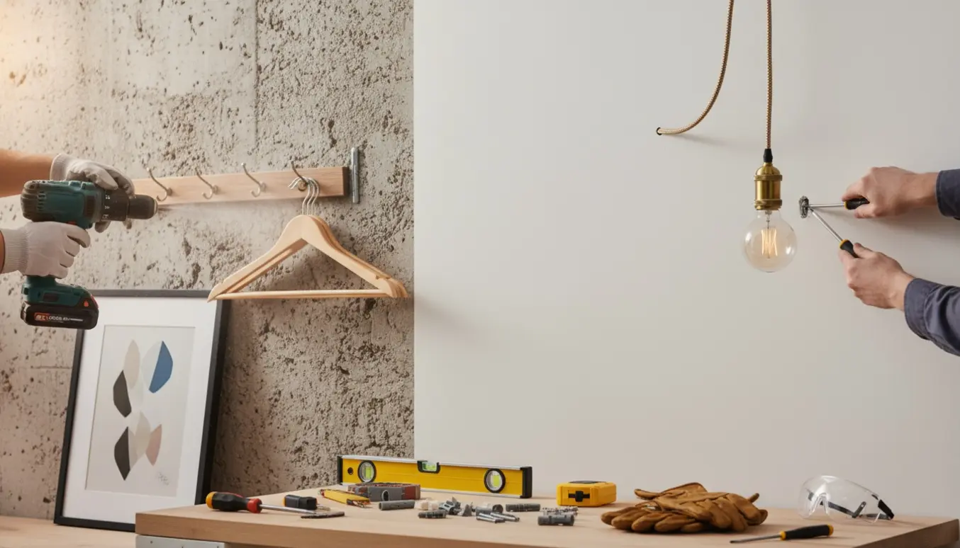 Hænder monterer billeder og en lampe i en beton- og en gipsvæg med bor, plugs og skruer.