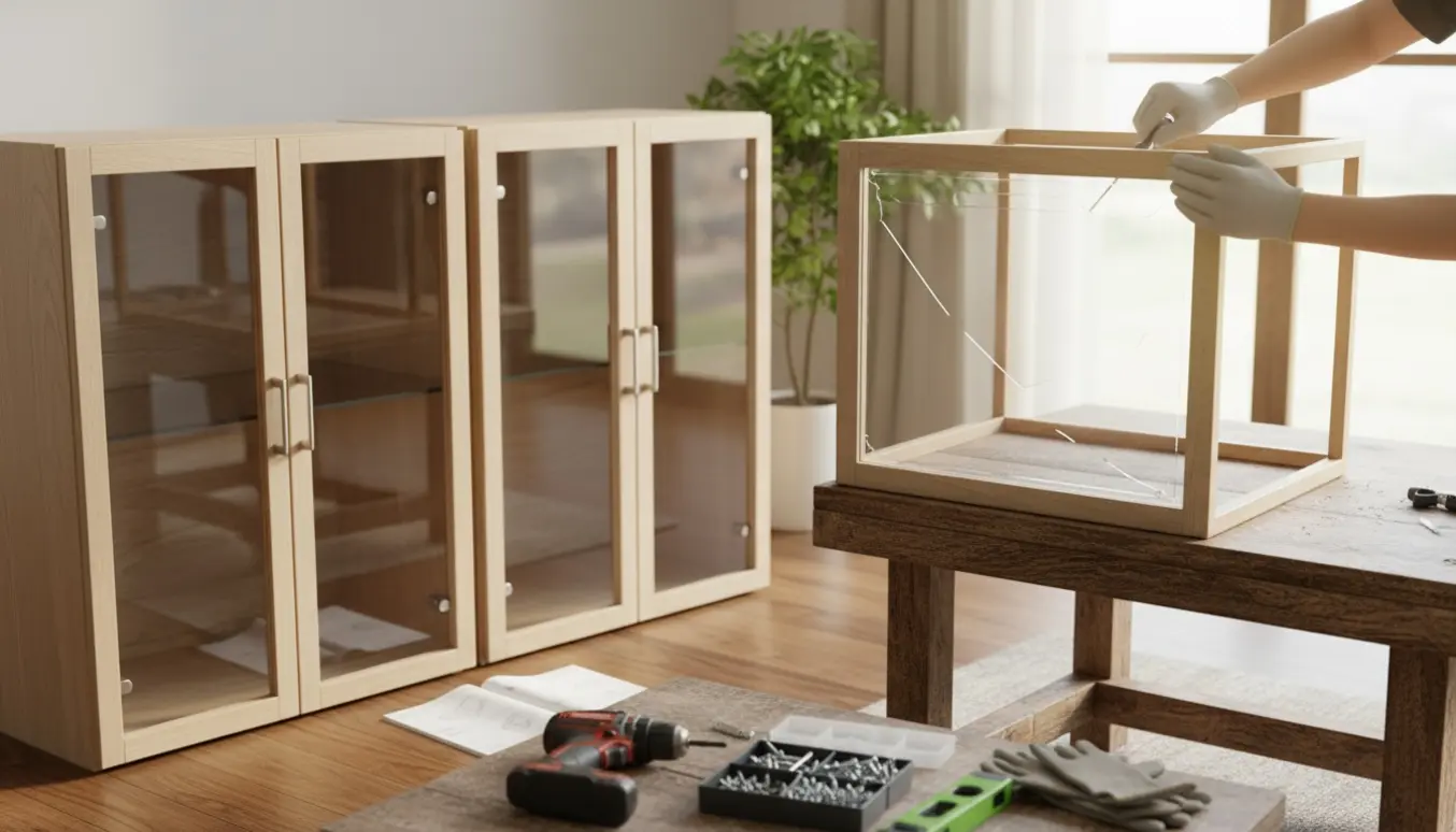 Hænder monterer glassdør på et vitrineskab ved siden af to færdige 1x1 m skabe i et lyst rum med værktøj.