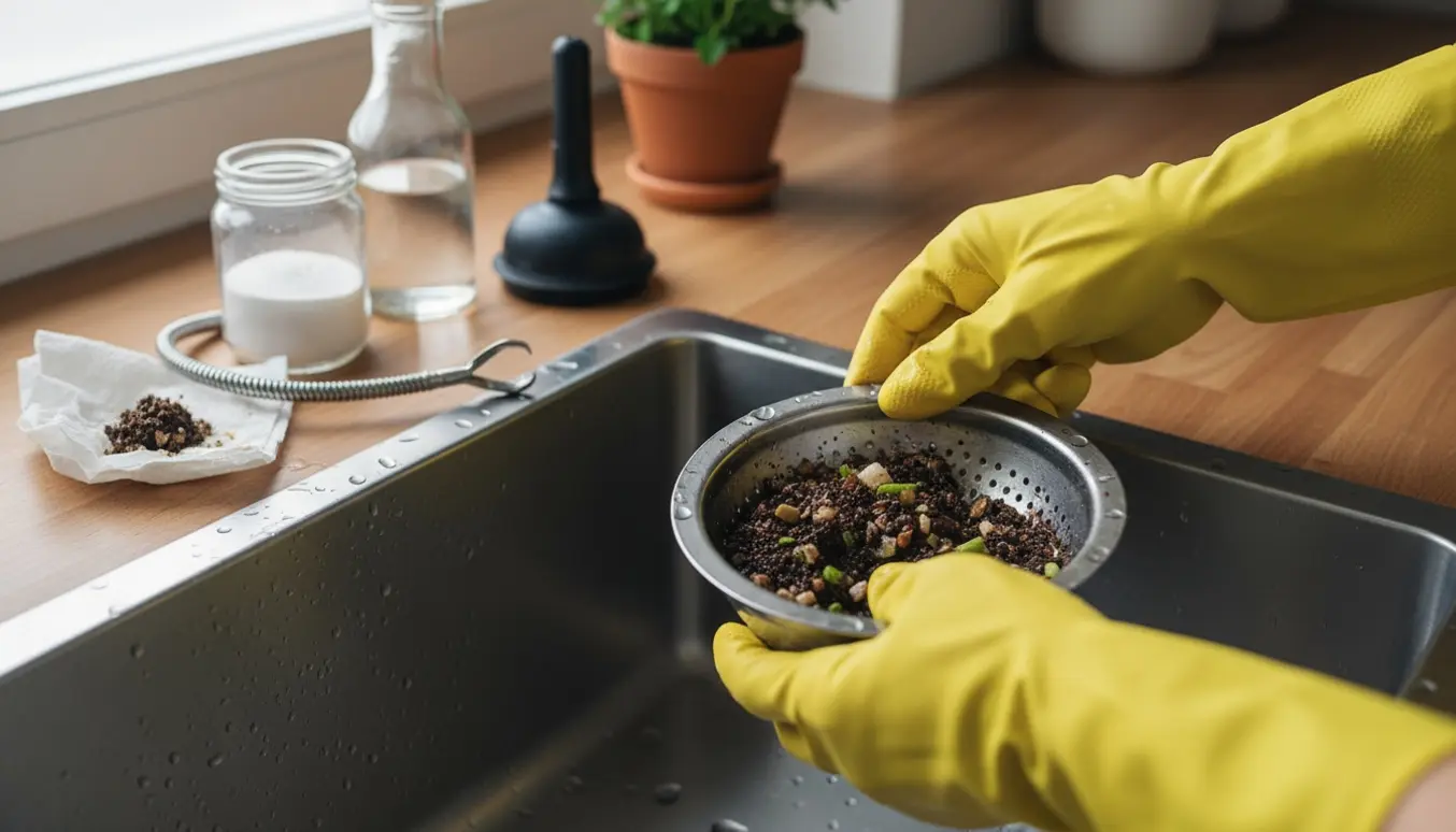 Nærbillede af handskerede hænder, der fjerner madrester fra en rustfri stålvasks afløb med afløbsrensningsværktøj ved siden af.