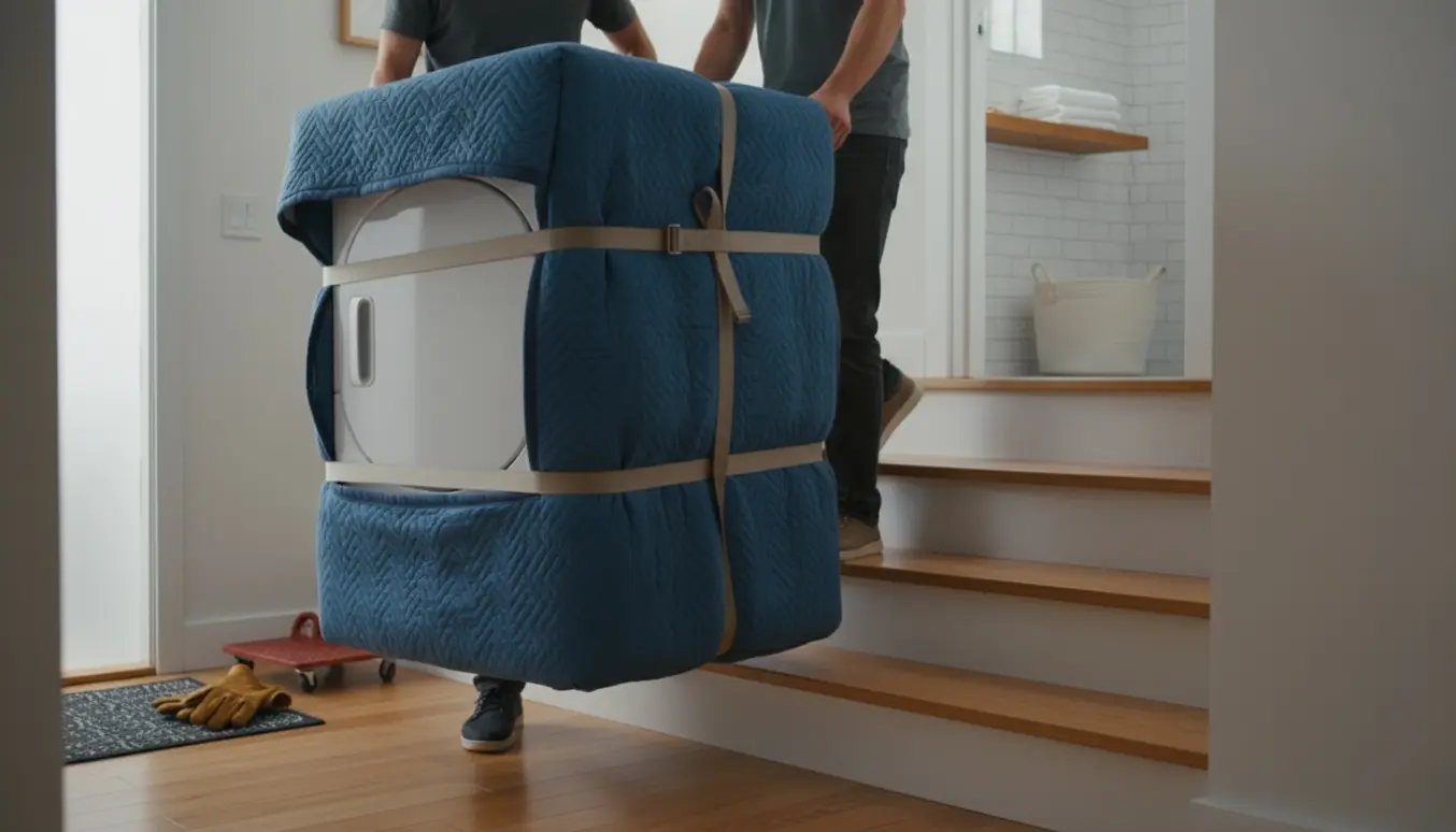 Tørretumbler bæres op ad en 14-trins trappe mod et åbent badeværelse, med hænder og flytteudstyr i fokus.