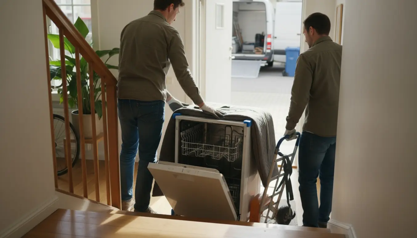 Opvaskemaskine bæres ned ad trapper fra en lejlighed med flytteudstyr og en åben varevogn uden logo.