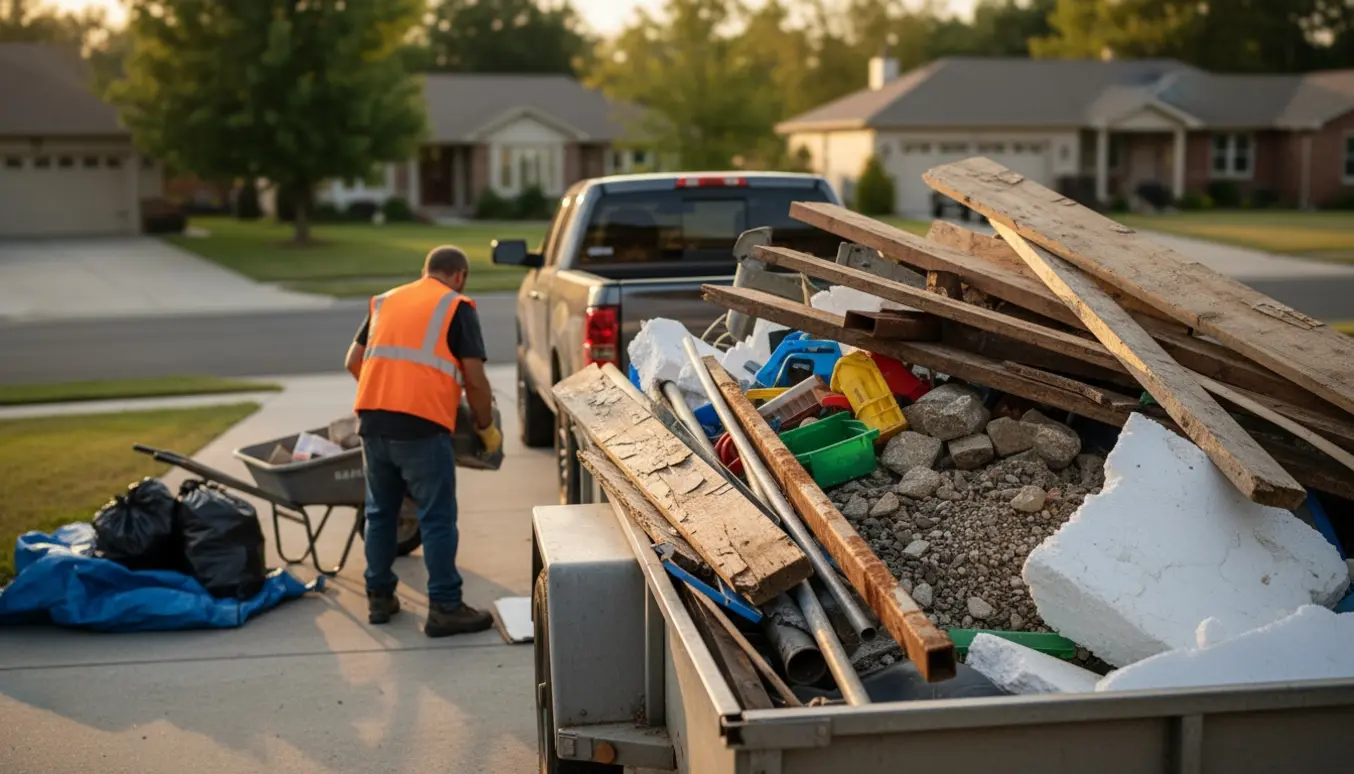 En person læsser blandet affald med træ, metal, plastik, flamingo og sten i en åben trailer på en indkørsel.