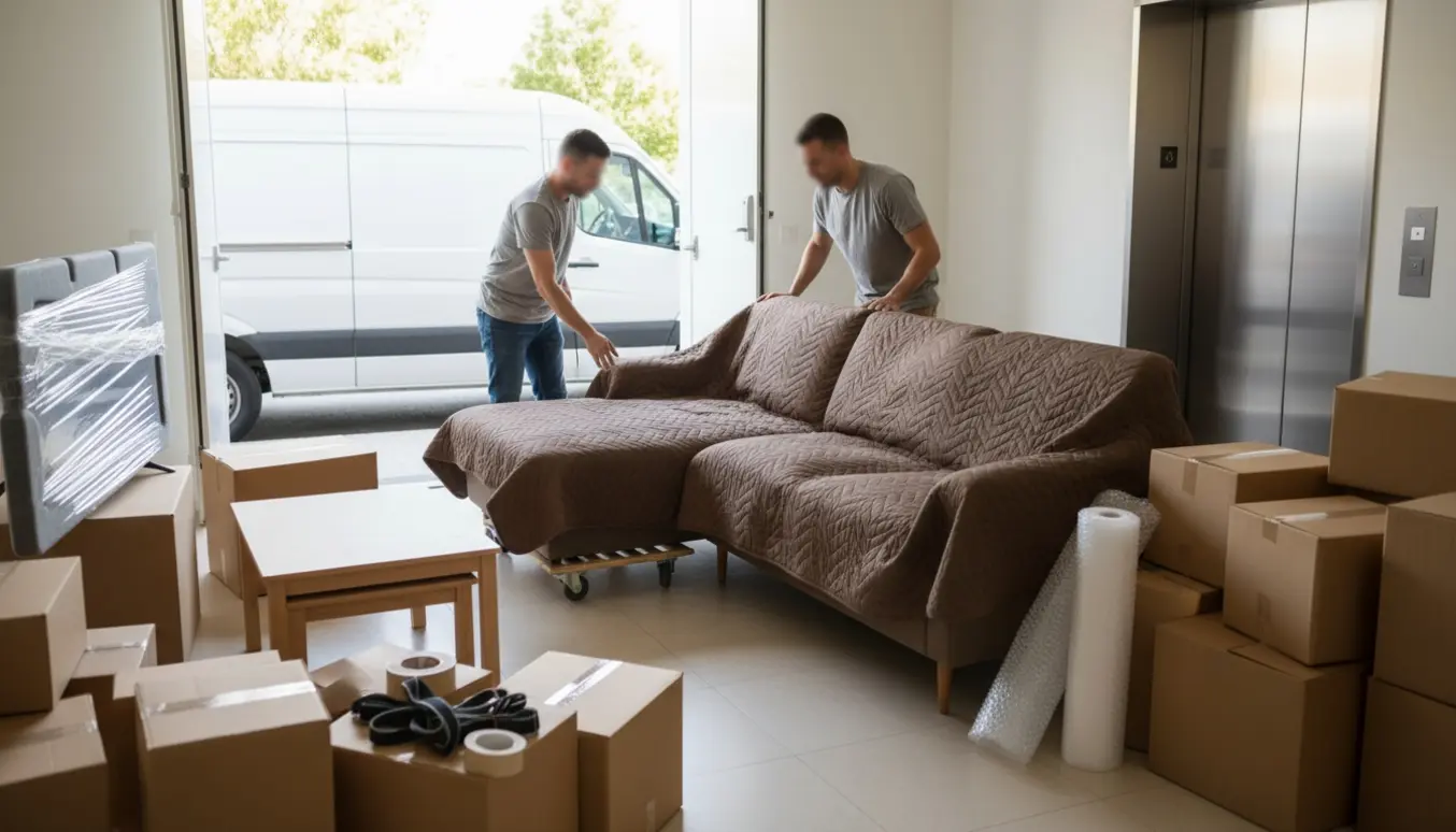 To flyttemænd løfter en trepersoners sofa med chaiselong ved en åben hvid varevogn og stabler af flyttekasser.