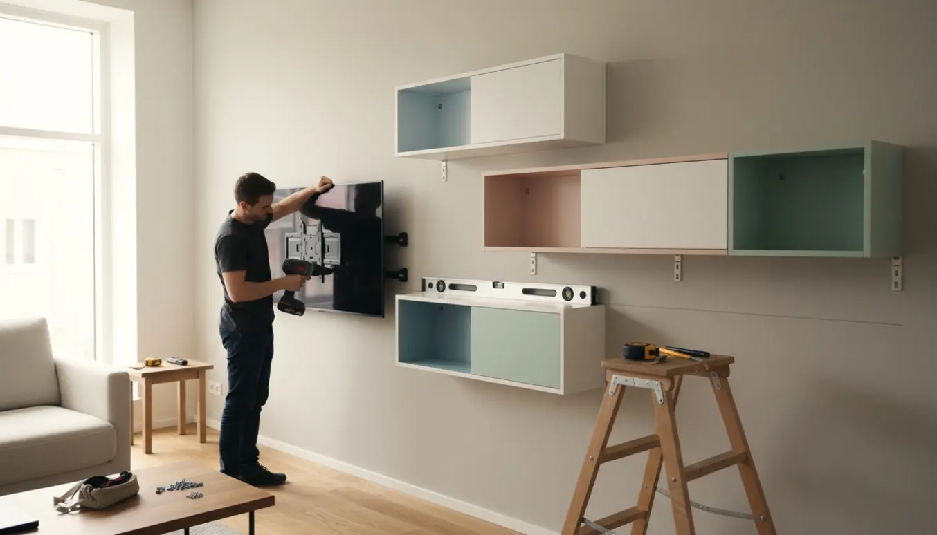 Fire Montana-reoler og et vægmonteret fjernsyn bliver installeret i en moderne stue, kun hænder er synlige.