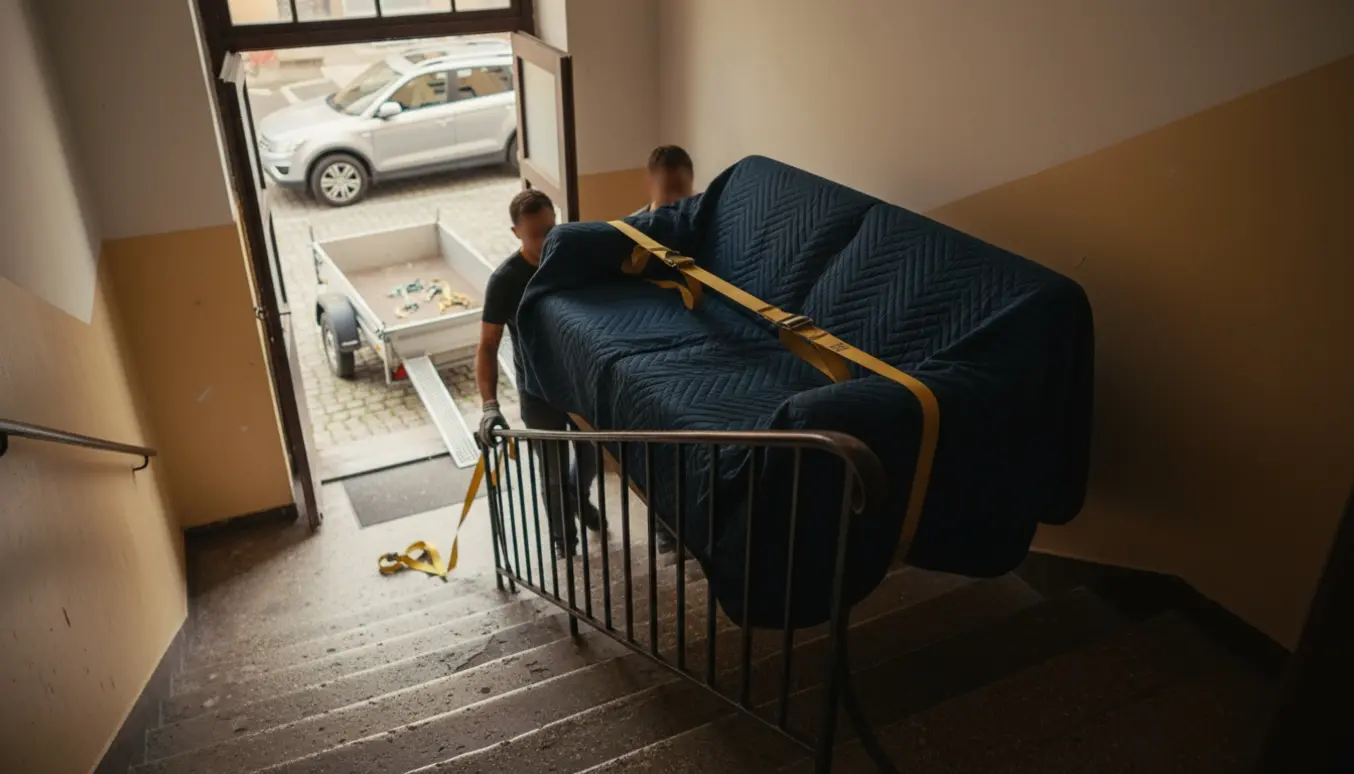To personer bærer en 2-personers sofa ned ad en trappe mod en bil med trailer.