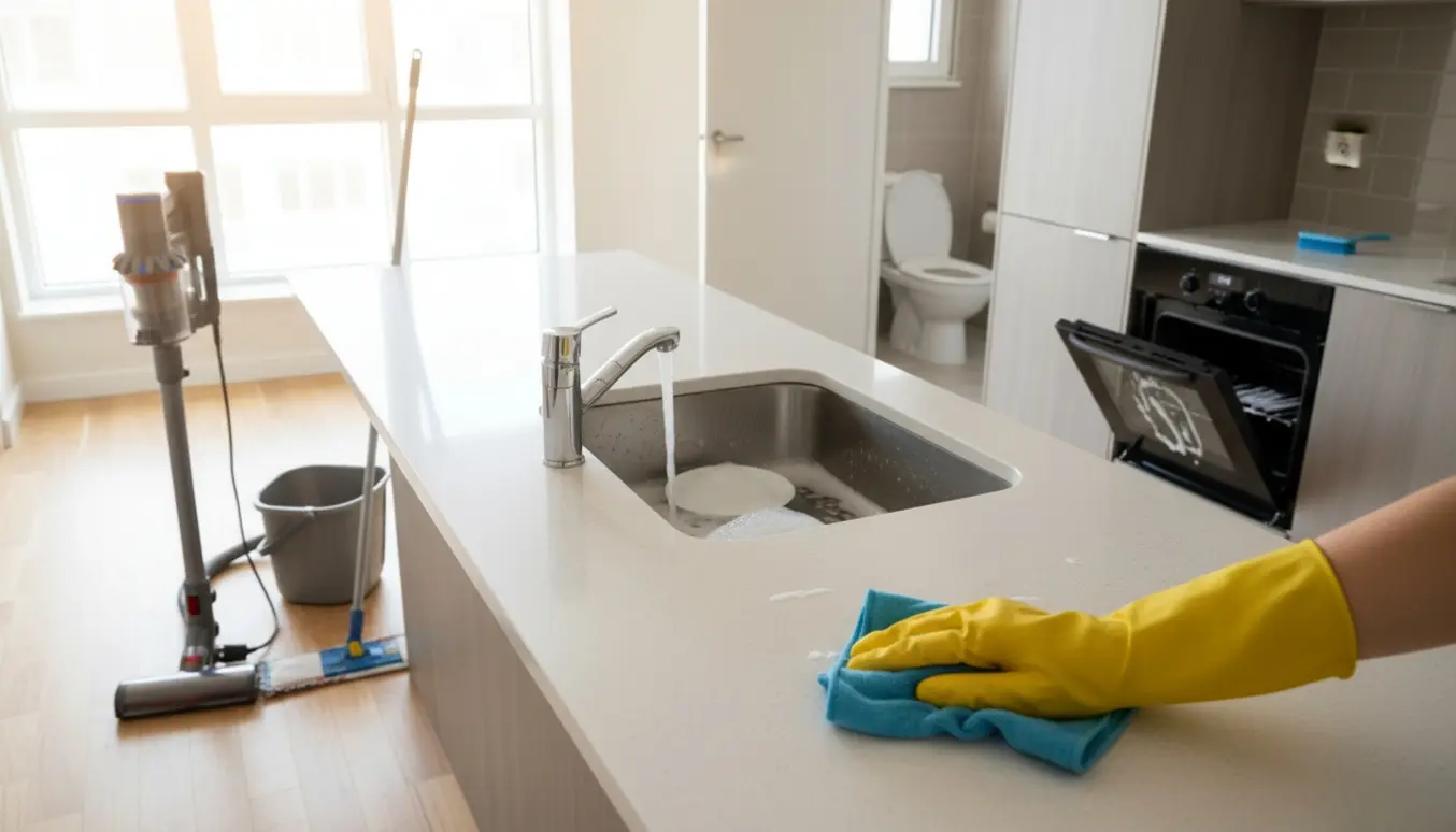 Hænder i gummihandsker tørrer køkkenbord af med klud, støvsuger og moppe står i et lyst, rent lejlighedsmiljø.