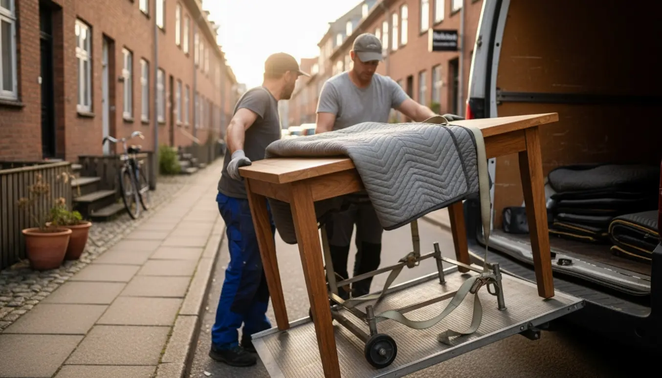 Et træbord bliver læsset ind i en flyttevogn på en rolig københavnsk gade.