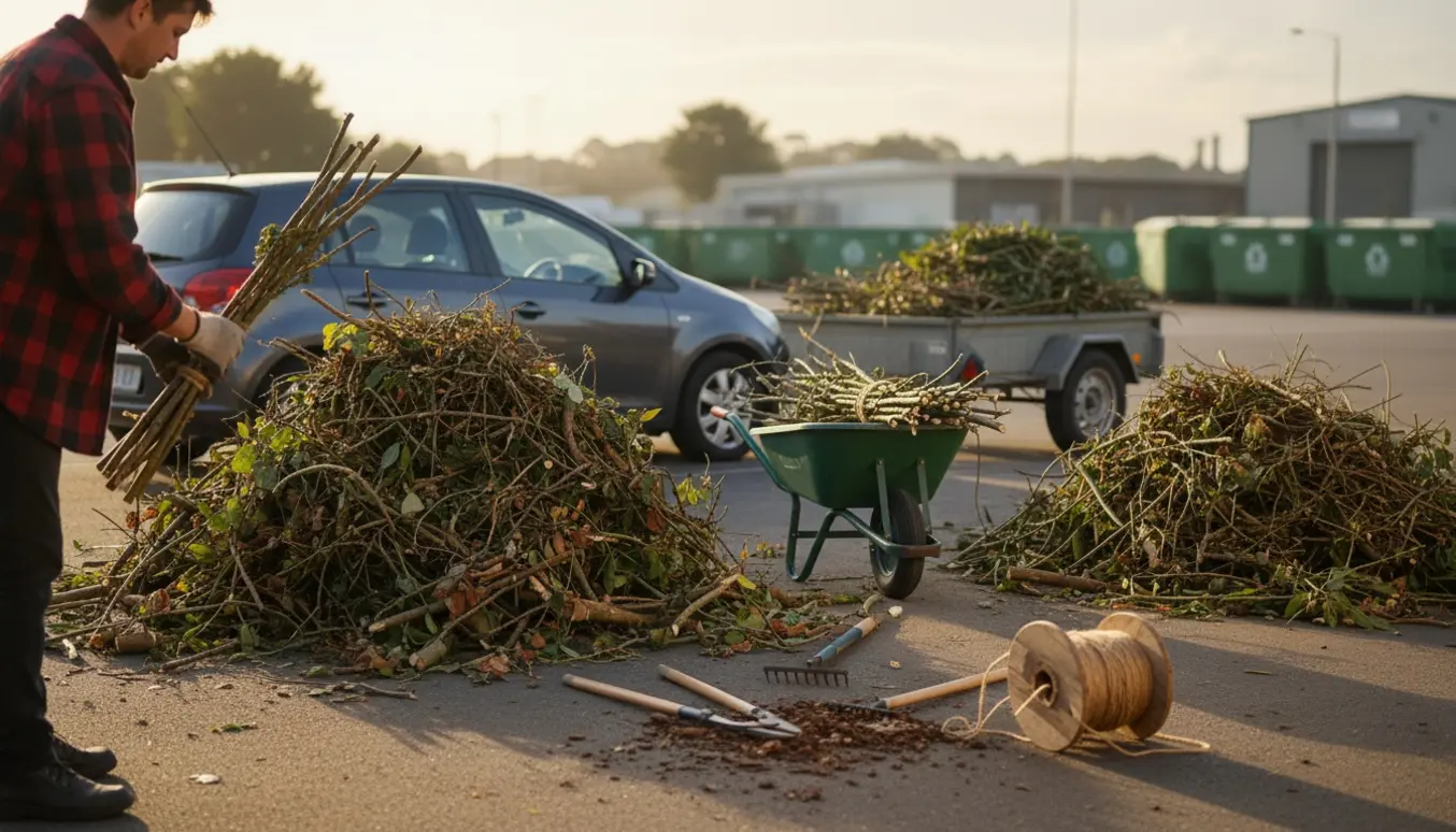 To bunker grene bundtes og læsses på en trailer i indkørslen, klar til aflevering på genbrugspladsen.