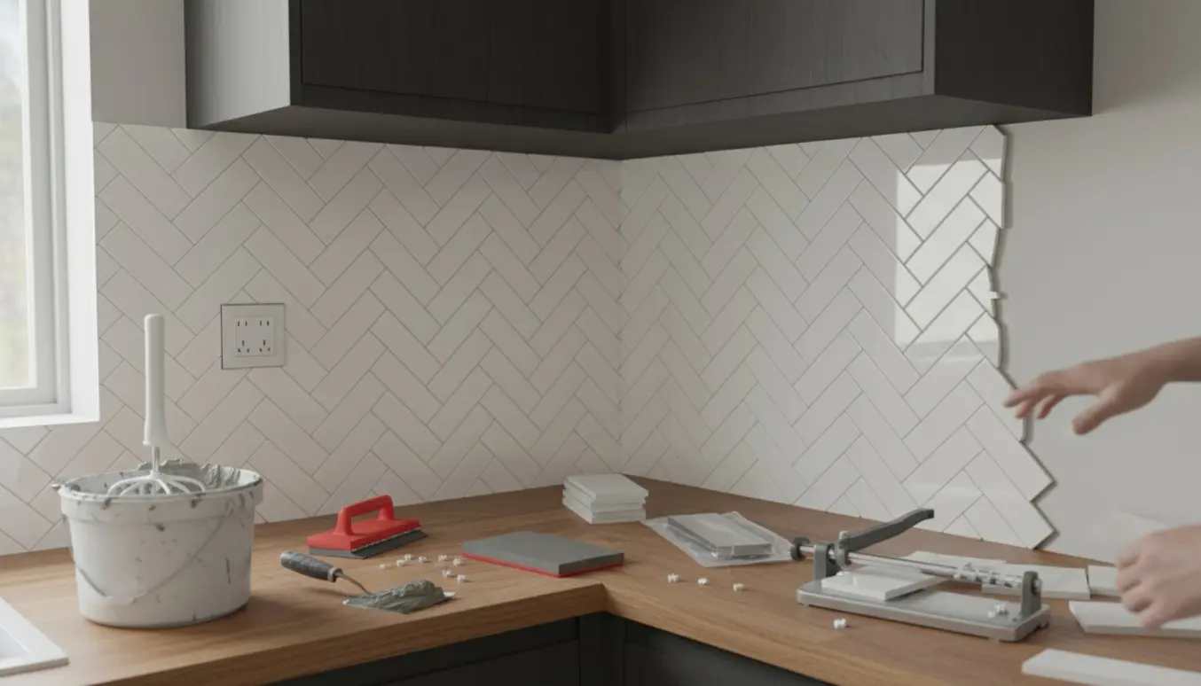 Delvist flisebeklædt køkkenbagvæg med hvide rektangulære fliser i sildebensmønster og værktøj på bordpladen.