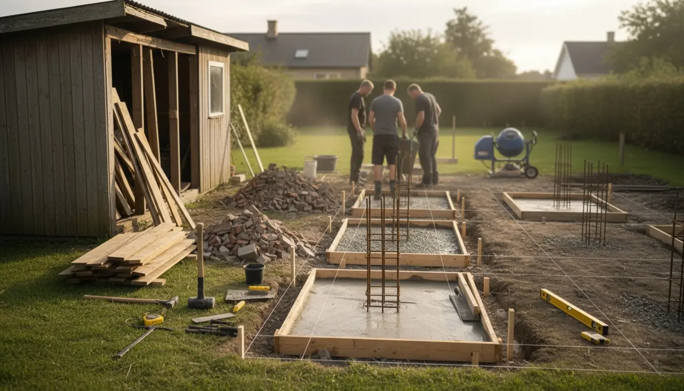 Delvist nedrevet træhytte i have og arbejdstegning med våd beton og armeret punktfundament til en beboelsesvogn.