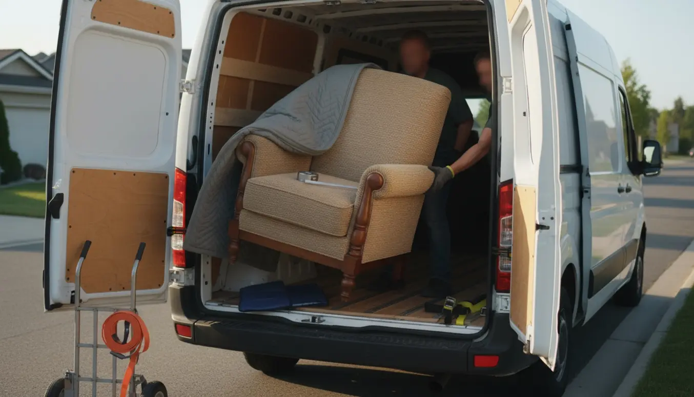 Stor stol læsses forsigtigt ind i en varevogn med tæpper og stropper, kun hænderne på flyttemænd synlige.