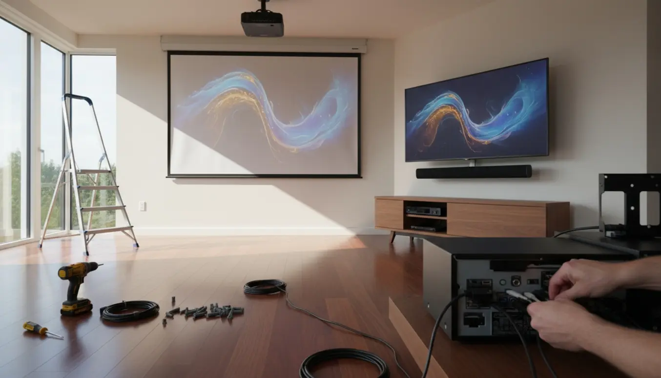 Hænder forbinder HDMI- og optiske kabler til AV-udstyr foran et nedsænket lærred og TV i en lys stue.