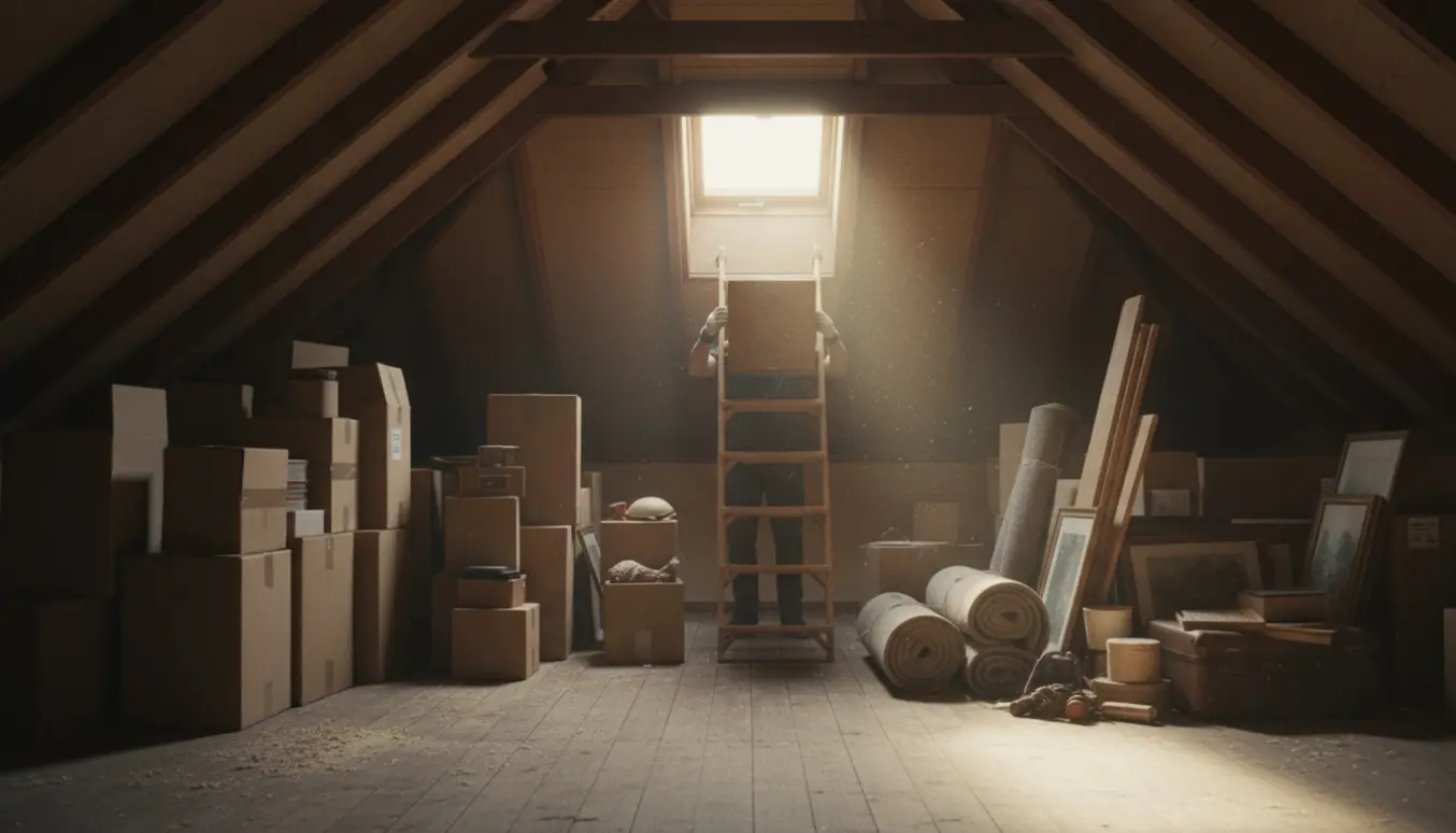 Loft i parcelhus med åben loftsluge, stige, papkasser, træplanker og rullet tæppe klar til tømning.