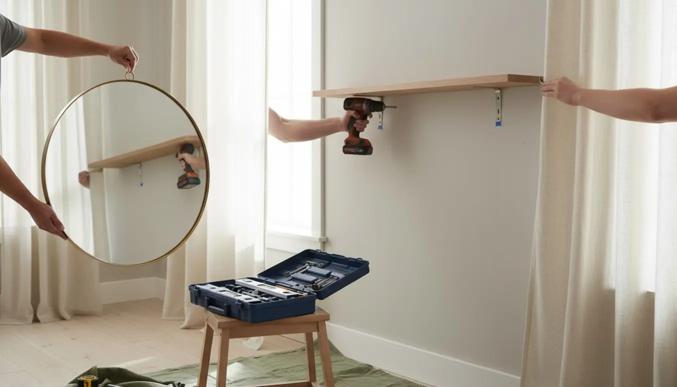 Hænder monterer hylder, et rundt spejl og en gardinstang i en lys stue.