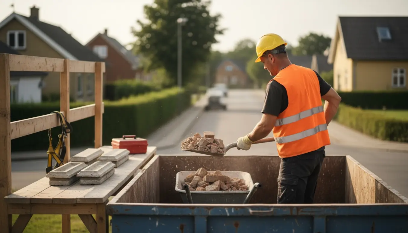Arbejdsmand med hjelm og handsker skovler murbrokker fra stillads over i en container i Ballerup.