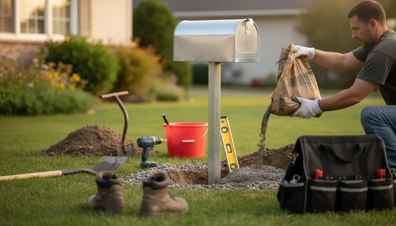 Ny postkasse i stander bliver støbt i jorden med skovl, niveau og pose med stolpebeton i forhaven.