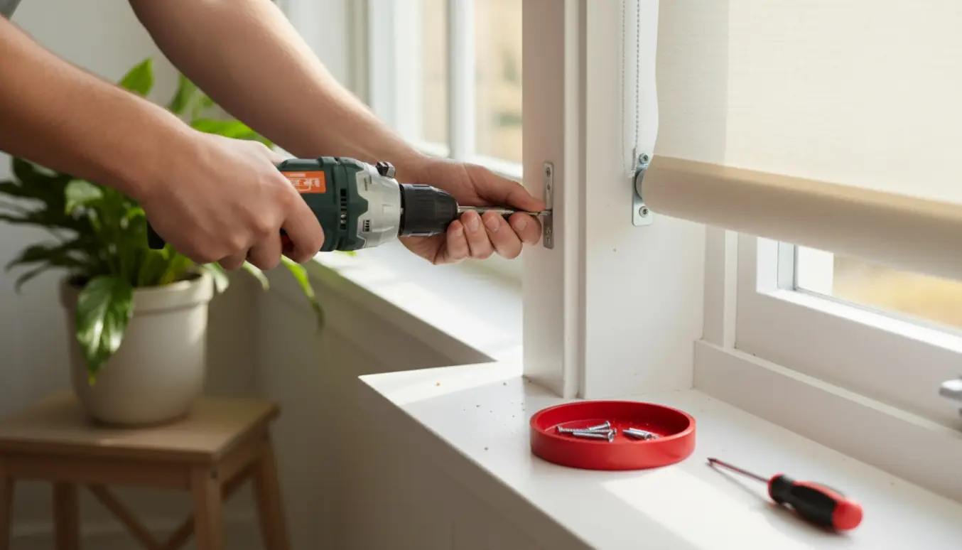 Nærbillede af hænder, der monterer et rullegardin i en vindueskarm med en vinkeldrevet skruemaskine.