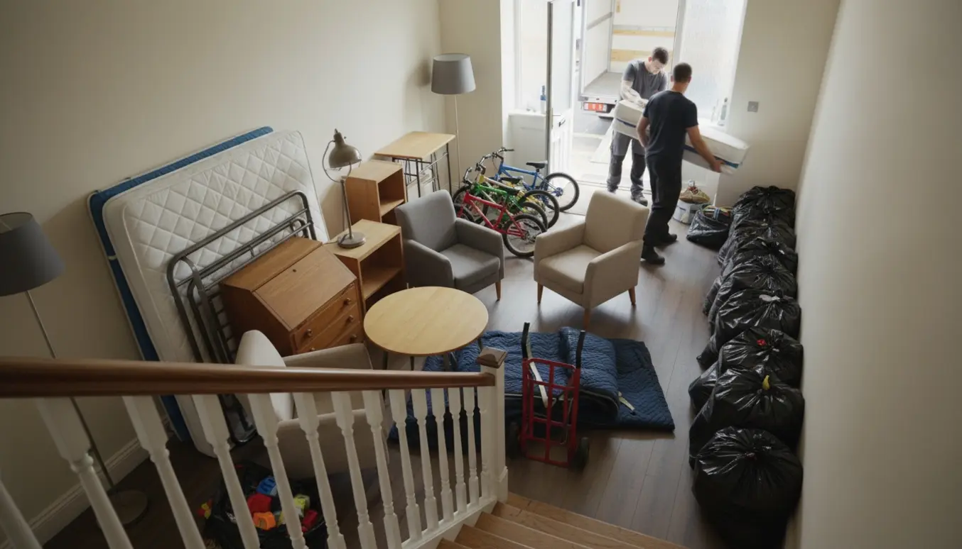 Flyttefolk bærer møbler og cykler ned ad trappe i rækkehus med stabler af sække med tøj og legetøj ved døren.